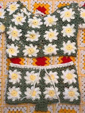 Handmade Crochet Daisy Crop Top and Skirt Set - White & Yellow Daisies on Green